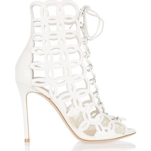 Ladies Floral Carved Out Mesh Sandals Boots High Heels Stiletto Lace Up Summer Boots Female Gladiator Cut Out Ankle Boots