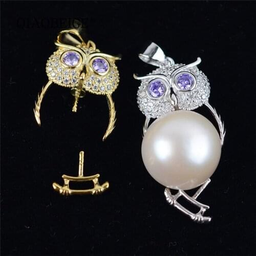 QIAOBEIGE 3Pcs/Lot S925 Sterling Silver animal owl Baroque Pearl Pendant Settings Women DIY Pendant Accessory white& Gold Color