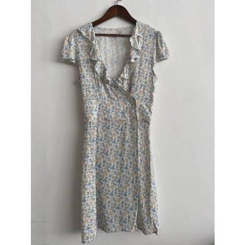 Elfbop Ladies Floral Printed Wrap V Neck Short Sleeve Short Dress With Ruffled Detail