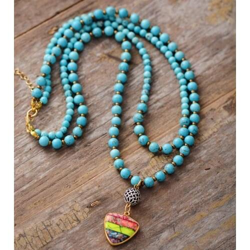 Exquisite Natural Stones Turquoises Triangle Pendant Necklace Women Rainbow Charm Beaded 2 Layers Choker Necklace Jewelry