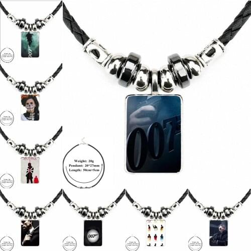 007 James Bond Spectre Skyfall Ladies Black Leather Bead Pendant Glass Statement Handmade Maxi Necklace For Men Women Gift