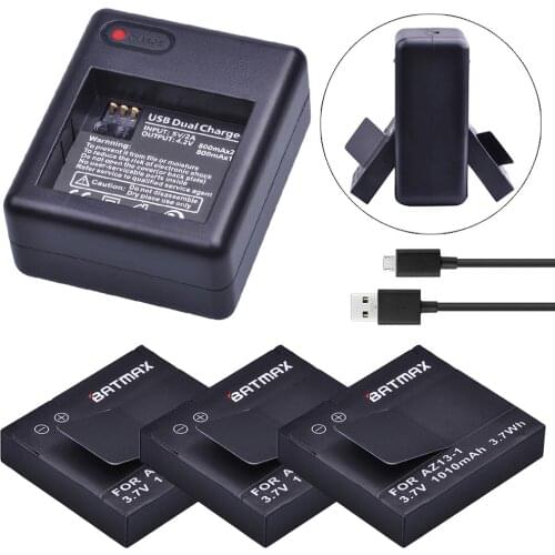 Batmax 3pc 1010mAh AZ13-1 AZ13 Li-ion Battery+USB Dual Charger For Xiaomi Yi Action Cameras