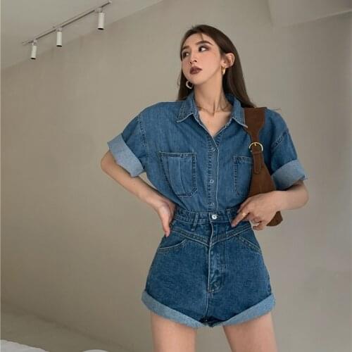 2021 Summer Style Fashion Denim Women Blouses Short Sleeve Shirts Ladies Tops Vintage Jeans Blouse Female Casual Clothing