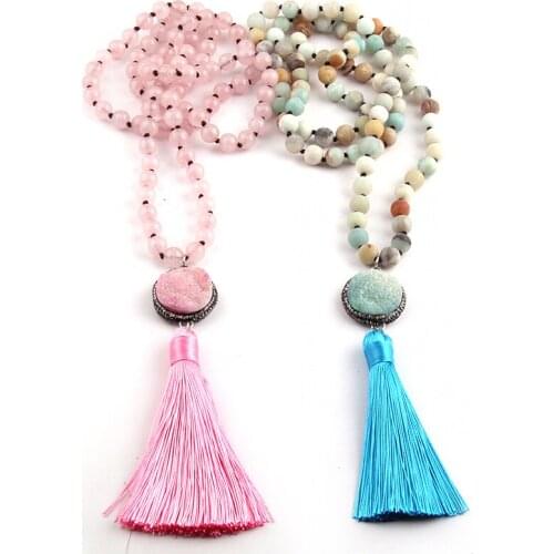 Fashion Pink & Frosted Amazonite beads Knotted Round Stone Crystal Pave Charm Bohemian Jewelry Pendant Tassel Necklace Halsband