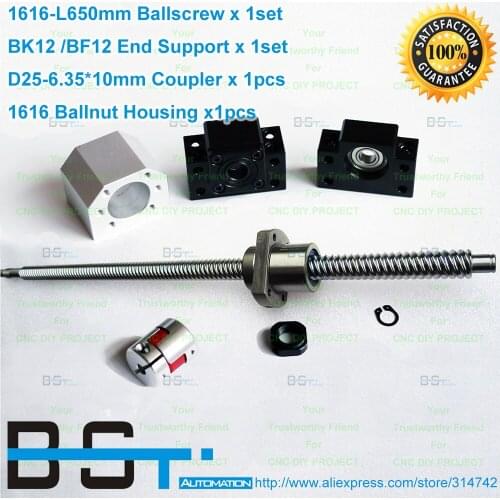 Fast Travel Ballscrew RM1616 Length 650mm + SFE1616 Ballnut +1616 Ballnut Housing + BK12 BF12 Support + 6.35*10 jaw coupler