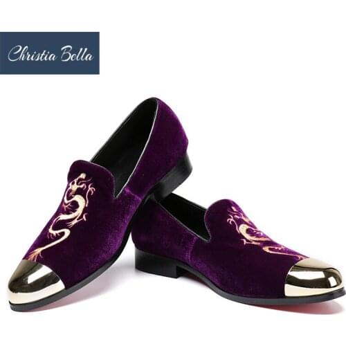 Christia Bella Exquisite Embroidery Pattern Men Velvet Shoes Fashion Wedding Party and Banquet Loafers Men Flats Plus Size 38-47