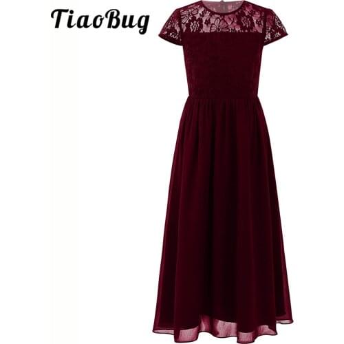 Kids Girls Floral Lace Lyrical Ballroom Dancing Costumes Cap Sleeve Elegant Retro Chiffon Wedding Party Dresses