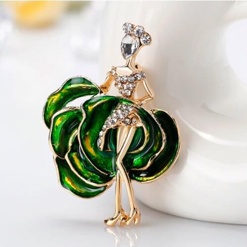 Enamel Rose Flower Dress Dancing Girl Brooches For Women Rhinestone Red Blue Dancer Party Casual Brooch Pins Gifts