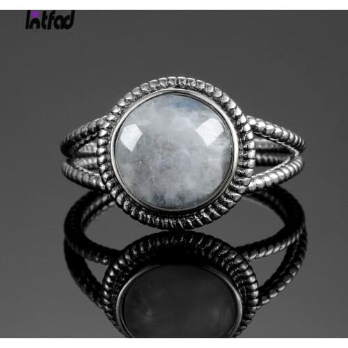 Round 10MM Natural Moonstone Ring Real 925 Sterling Silver Rings for Women Anniversary Party Wedding Fine Jewelry