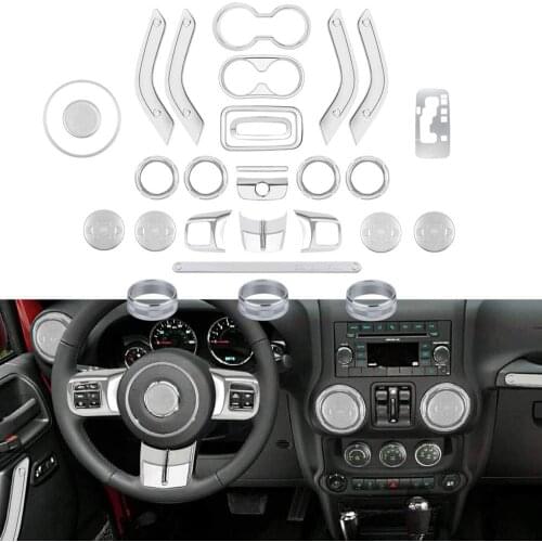28PCS Interior Decoration Trim Kit Steering Wheel & Center Console Air Outlet Trim Door Handle Cover Inner For Jeep Wrangler JK