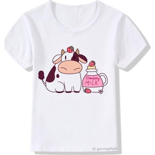 Strawberry Cow Pink Cute Girl T Shirt Cartoon Print Children Clothing T-shirt Funny Kids Tops Boys/girls Harajuku White Tshirt