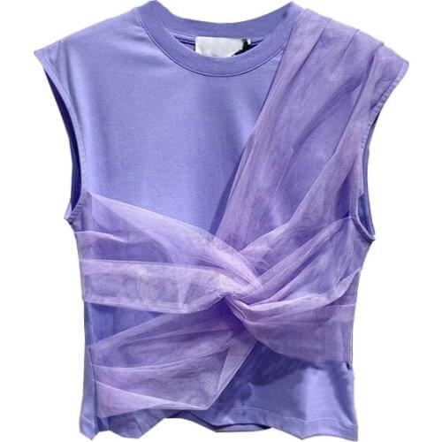 Fashion Gauze Patchwork Purple T Shirt for Women Chic Sleeveless Woman Tshirts 2021 New Simple O-neck Tee Ropa Mujer
