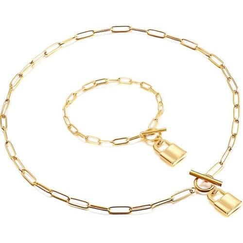 Fashion OT Buckle Titanium Steel Lock Pendant Necklace Bracelet Trendy Temperament Ladies Jewelry Set
