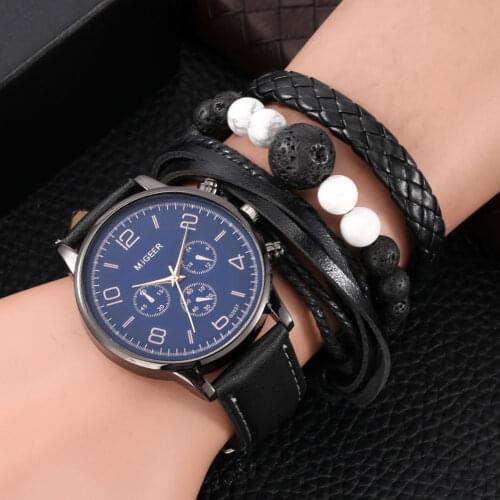 Men Watches Bracelet Gift Set Fashionable Digital Quartz Dial Soft Strap Black Woven Bracelets Anniversary Present for Boyfriend