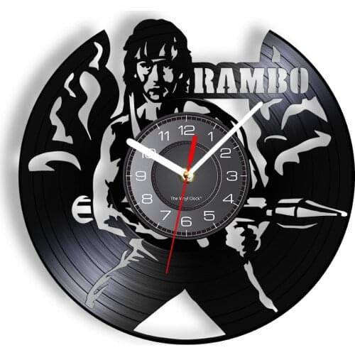 Rambo Movie Inspired Vinyl Music Record Wall Clock Man Cave Decor Soldier John Rambo Portrait Laser Etch Vinyl Disk Craft Clock