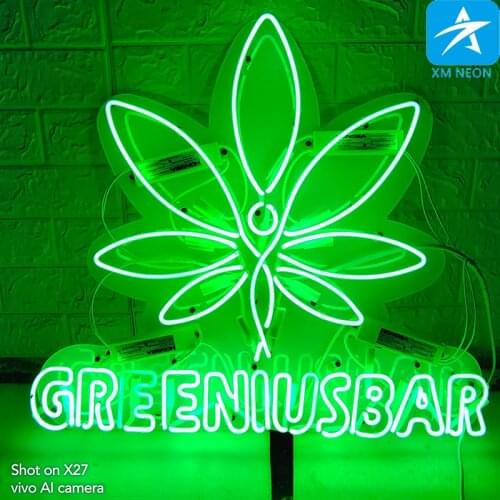 Neon sign, green marijuana, neon art light bulb logo, decorative tattoo room wall and window lights, handmade, real glass tube a