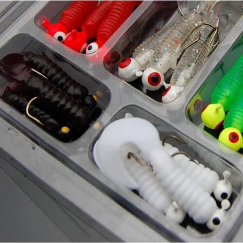 New Hot Sale 21Pcs/Set Mini Soft Fishing Lure Lead Jig Head Hook Grub Worm Silicone Fish Baits for Ocean Carp