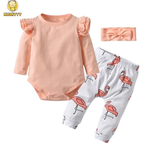 Newborn Autumn Baby Girls Clothing 3Pcs Set Cute Pink Ruffle Long Sleeve Tops+Flamingo Print Pants+Headband Toddler Clothes