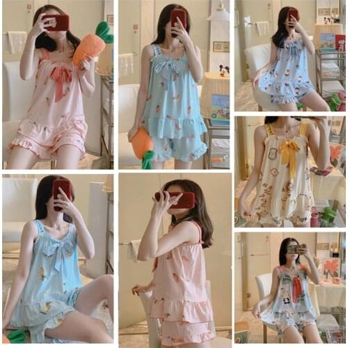 Women Pajamas Sets Spring Summer Sleeveless Thin Cartoon Print Cute Sleepwear Sling Home Clothes Leisure Pajama Suit