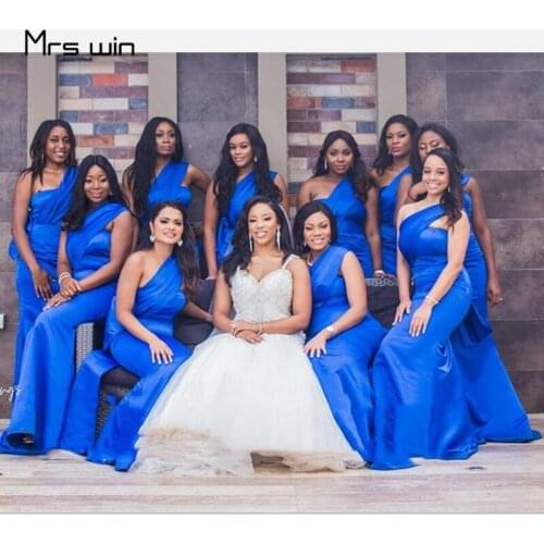 Mrs win Bridesmaid Dresses Royal Blue One Shoulder Sleeveless Elegant Vestido Madrinha HR342 Mermaid Long Wedding Party Gowns