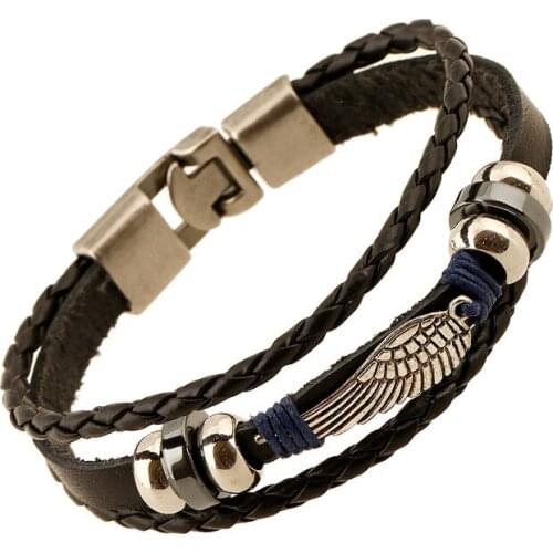 Romantic Angel Wing Charm Bracelet For Women Men Easy-hook Woven Genuine Leather Bracelets Beaded Strand Bangles Casual Jewelry