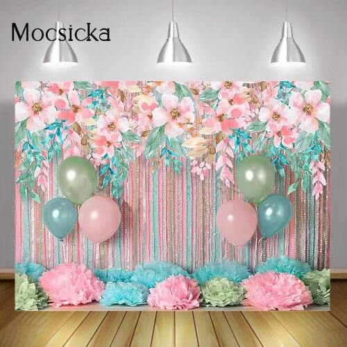 Spring Floral Surprise Backdrop Pink Paperflower Wall Newborn Baby Portrait Background Balloons Birthday Cake Smash Photography