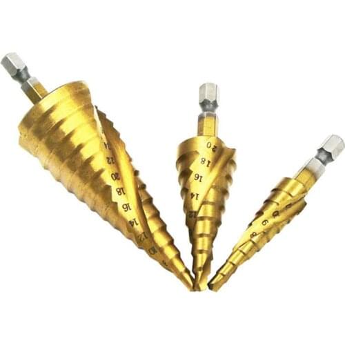 HSS Spiral Grooved Center Ladder Drill Bit Titanium Coated 9 Steps Step Cone Drill Bit Hex Core Drill Bit Mini Drill Accessories