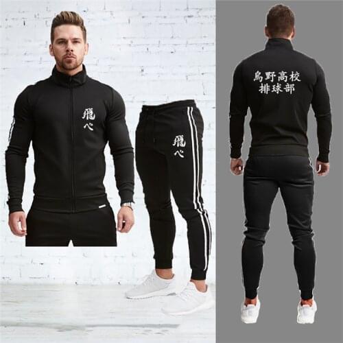 Spring Autumn Mens Sportswear 2 Pieces Sets Sports Suit Jacket+Pant Sweatsuit Brand Karasuno High School Tracksuit with Zipper