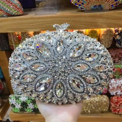 XIYUAN Women Silver Crystal Clutch Evening Bags Metal Hollow gift Box Minaudiere Handbag Bridal Purse Wedding Party Clutches red