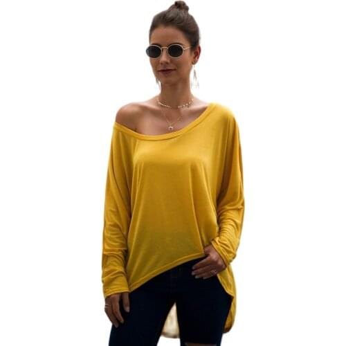 Women Autumn New Long Sleeve Sexy Off Shoulder T-shirt Top Skew Collar Solid Color Casual Loose Irregular Korean Pullovers Tee