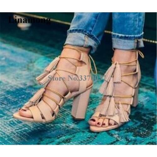 Summer New Fashion Women Open Toe Straps Cross Chunky Heel Tassels Sandals Lace-up Fringes Thick High Heel Sandals Dress Shoes
