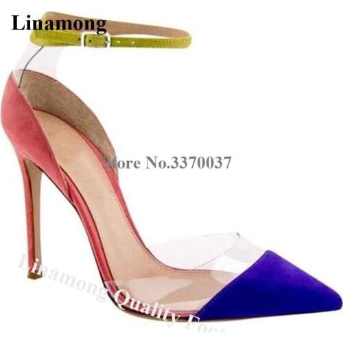 Linamong New Fashion Women Pointed Toe Patchwork PVC Stiletto Heel Pumps Suede Leather Transparent High Heels Wedding Dress Shoe