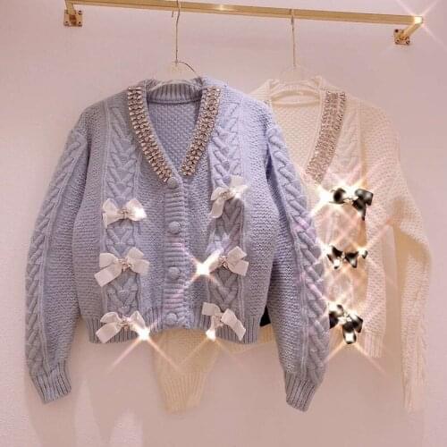 KorobovSweet Japanese Style Women Cardigans Korean Diamond Bow Embroidery Cardigan Vintage Elegant V Neck Sweaters