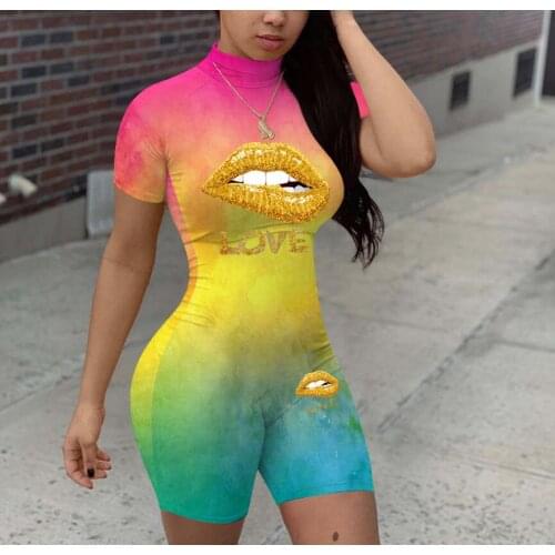 New Women Tie Dye Print Short Jumpsuits Short Sleeve High Collar Lip Letter Pattern Romper Sexy Zipper Playsuit Summer O-Neck