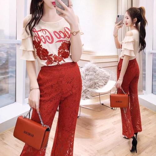 Summer Women two piece set pants suits 3D floral ruffles t shirt women tops + Lace Pants set