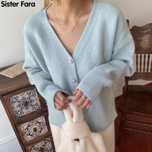 Sister Fara Autumn V-neck Single-breasted Loose Female Cardigans Tops Winter Elegant Soft Warm Solid Knitted Sweaters for Women