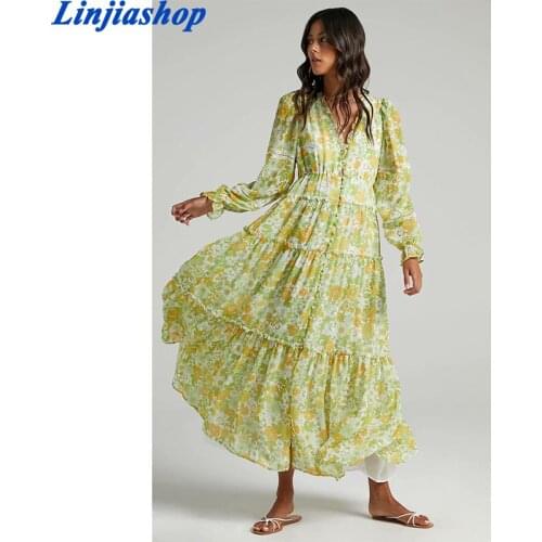 Summer Floral Print Dress Women Boho Long Sleeve Sexy V-neck Casual Shirt Dresses Fashion Robe Single-Breasted Ruffle Midi Dress