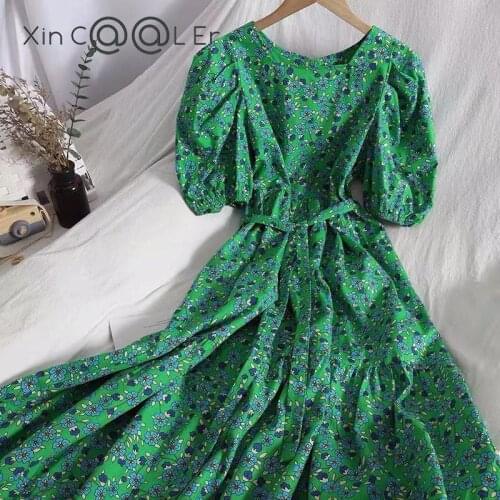 With Belt 2021 Fashion Women Dress Korean Summer Green Floral Flower Square Neck Lace Waist Loose Ruffle Dresses Slim Purple