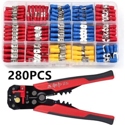 280Pcs Spade Terminals Insulated Cable Connector Electrical Wire Assorted Crimp Butt Ring Fork Set Ring Lugs + Wire Stripper