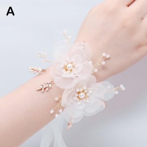 Bride Pearl Crystal Wedding Wrist Flowers Bridesmaid Bracelet Childrens Hand Flower Marriage Ribbon Wrist Flower Girl Jewelry