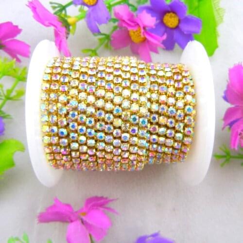 10 yards/Roll Crystal AB color 2mm 2.5mm 2.8mm 3mm 4mm Rhinestone beads gold base close cup Chain Sew On glue on diy decorations