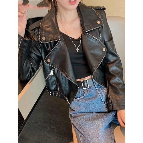 Black leather biker jacket women long sleeve zipper Motorcycle jacket women Studded womens leather jackets and coats