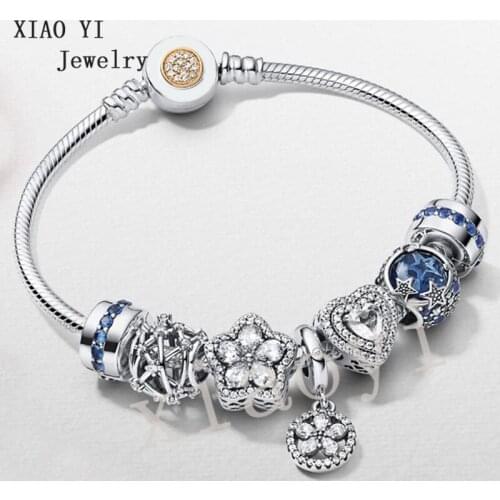 XIAOYI 2020 NEW S925 Winter snowflake hollowed-out heart print blue star and moon bracelet European wedding good quality jewelry