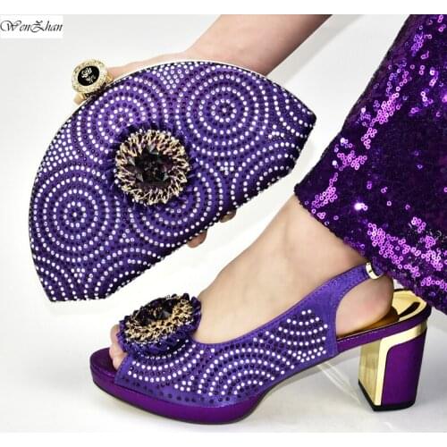 Purple Italy Shoes with Matching Bags Set Decorated with Rhinestone HandBag and Med Heel Shoes for Party 37-42 WENZHAN D912-19