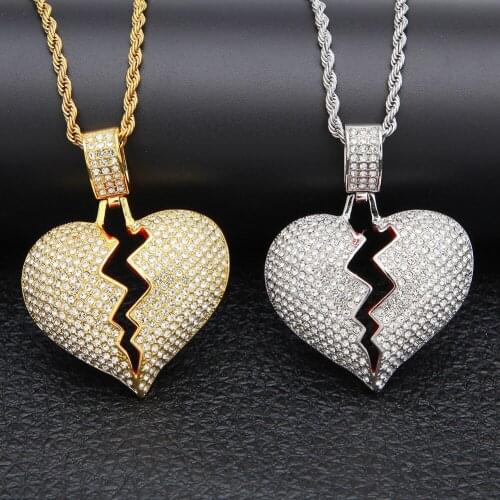 Hip Hop Broken Heart Necklace Iced Out Chain Gold Silver Color Stainless Steel Chain Necklace for Men Women