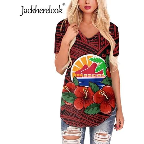 Jackherelook Red Polynesian Tattoo Floral Print Casual Short Sleeve Tops Tee for Womens Ladies V Neck T-Shirts Loose Clothing