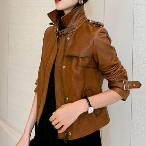 Real Genuine Leather Jacket Women Vintage Sheepskin Coat Short Slim Spring Autumn Motorcycle Biker Jacket Woman M7548 YY1793