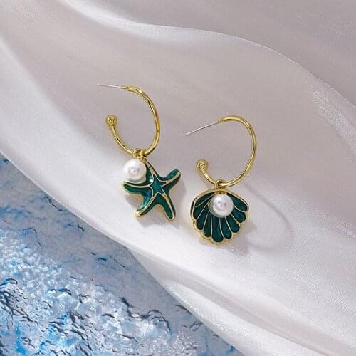 Summer Ocean Style Blue Asymmetrical Starfish Shell Pearl Earrings Female Personality Fashion Jewelry Drop Ears Accessories
