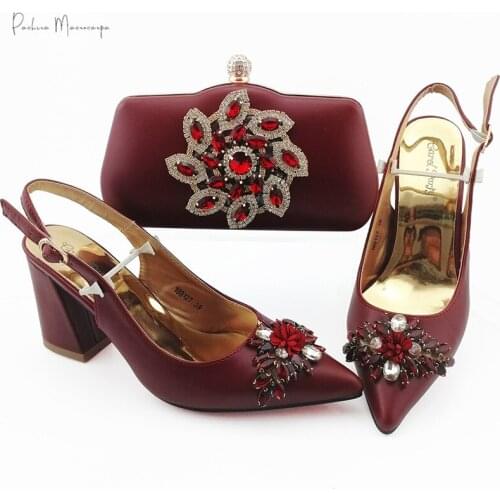 Hot Selling Italian Design Newest Nigerian Fashion Crystal Style Ladies Shoes and Bag Set in Wine Color for Party Wedding