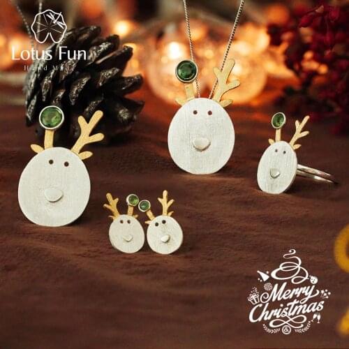 Lotus Fun Real 925 Sterling Silver Creative Handmade Fine Jewelry Christmas Joys Cute Reindeer Jewelry Set